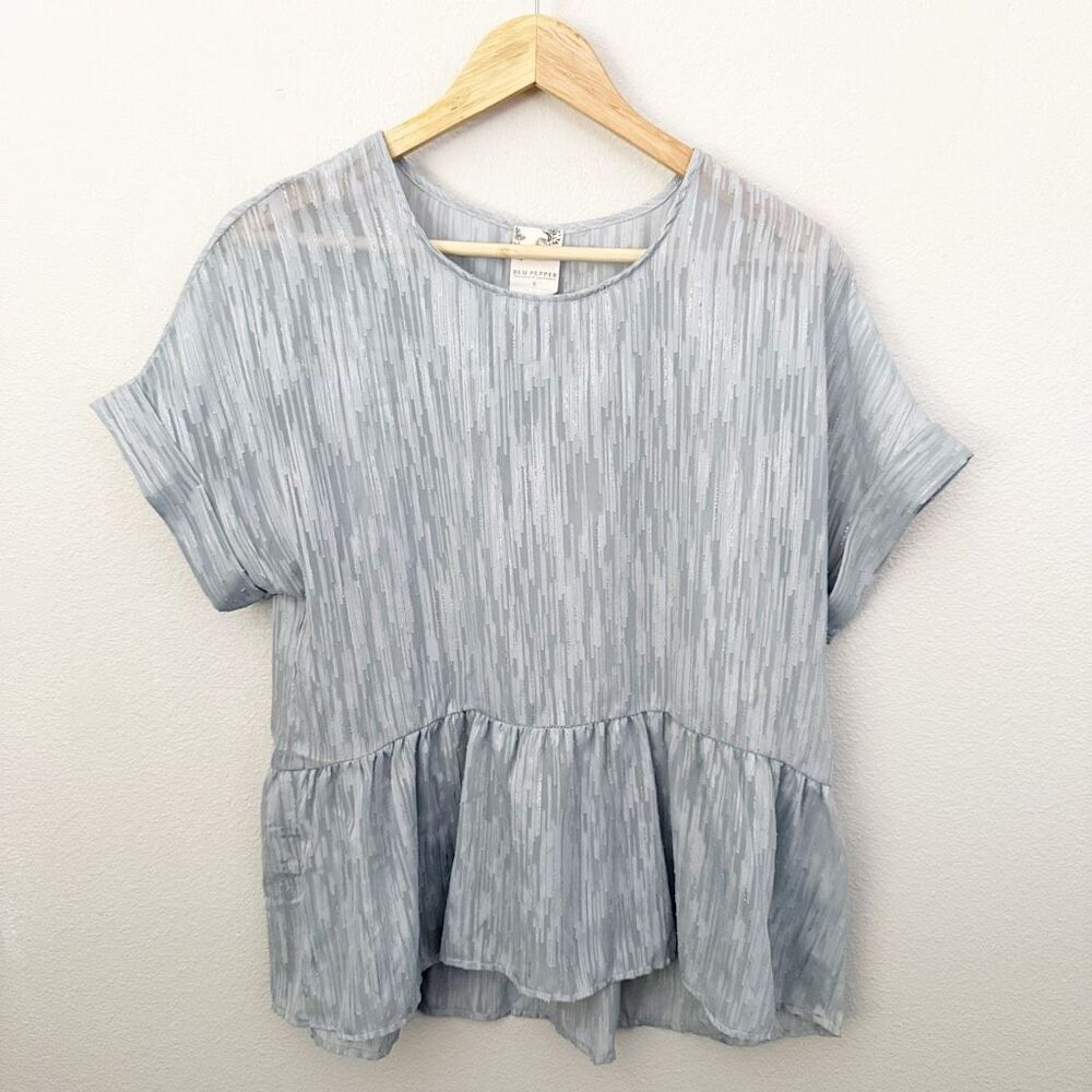 BLU PEPPER x ANTHROPOLOGIE | Blue Gold Button Back Peplum Top Blouse | Small - Picture 4 of 9